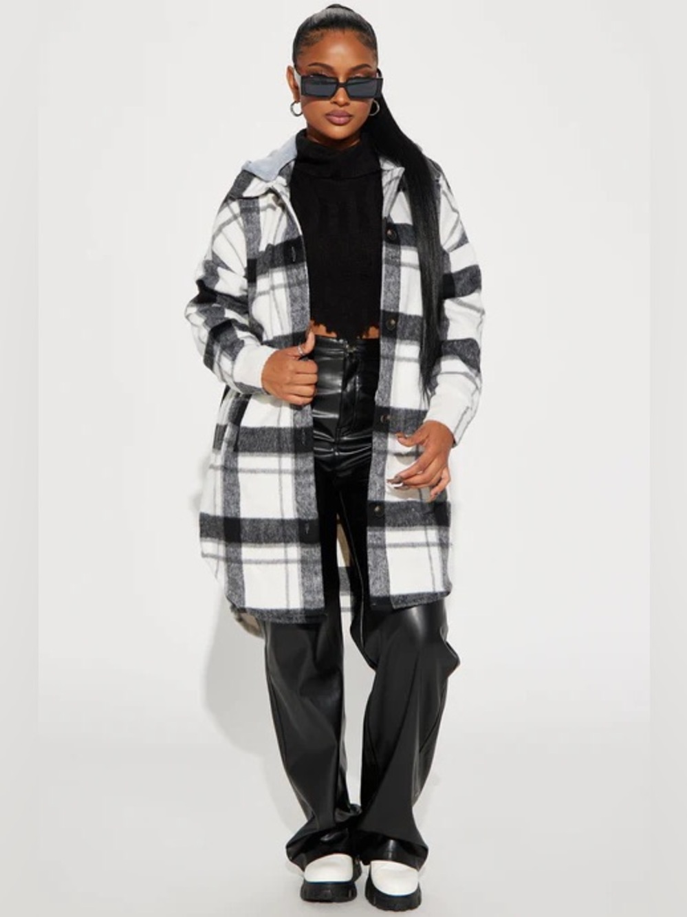 Veronica Hooded Plaid Shacket - Black/White